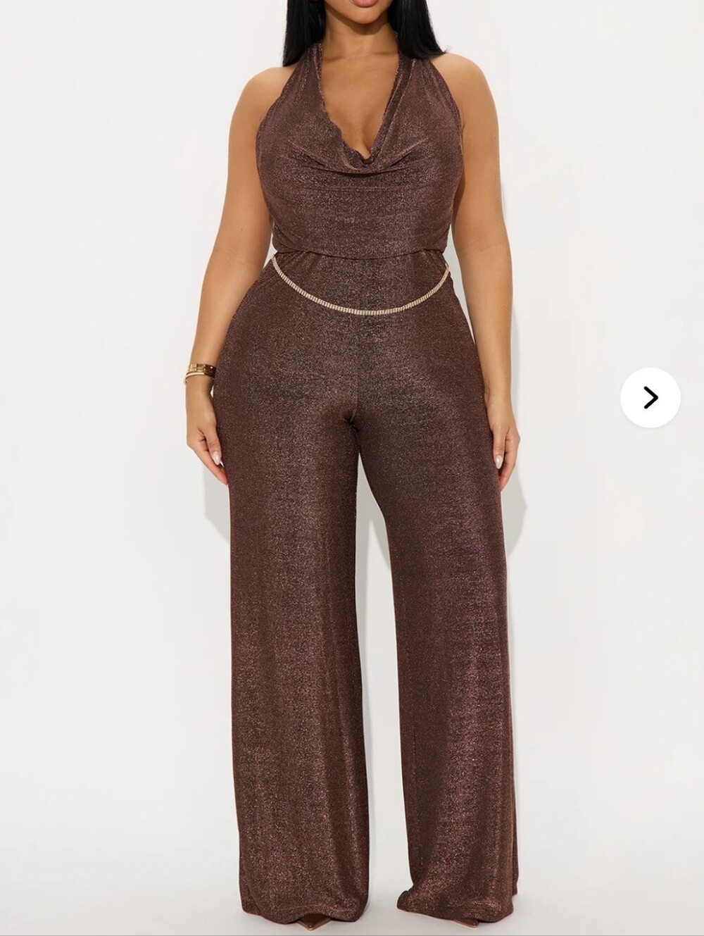 Fashion Nova Shimmery Bronze Halter Wide-Leg Jumpsuit